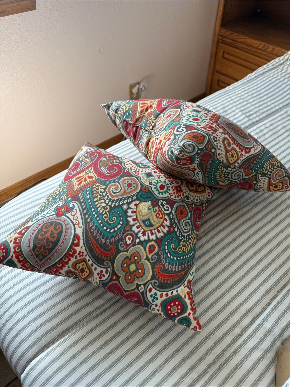 Decorative Paisley Throw Pillow Pair in Teal, Coral & Gold